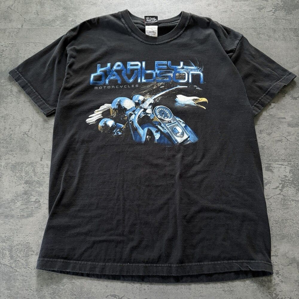 Y2K Harley-Davidson Chrome Motorcycle Eagle Logo Graphic T-Shirt Grunge L